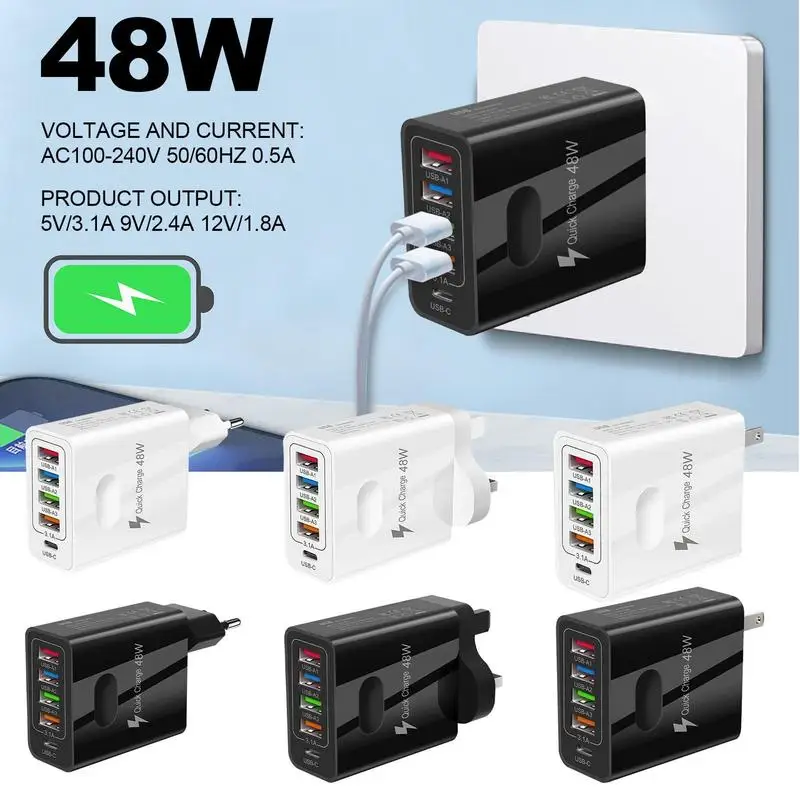 Блок сетевого зарядного устройства USB, 48 Вт, 5 в 1, адаптер с USB-разъемом PD для быстрой зарядки мобильного телефона Xiaomii Huaweii Samsungs