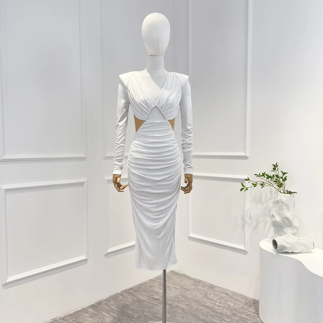 

2022 2023 Latest Top Quality Textural Solid White Stretchable V-neck Ruched Waist Cut Out Slim Vintage Dresses Lady