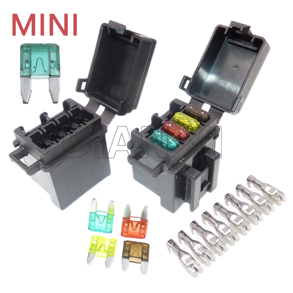 1 Set 4Way Mini In-line Fuse Holder With Crimp Terminal Small Automobile Fuse Block Assembly Blade Type Fuses Box