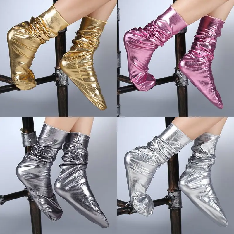 

Женские свободные круглые носки 652F из искусственной лакированной кожи, забавные блестящие однотонные теплые чулки средней длины с металли...