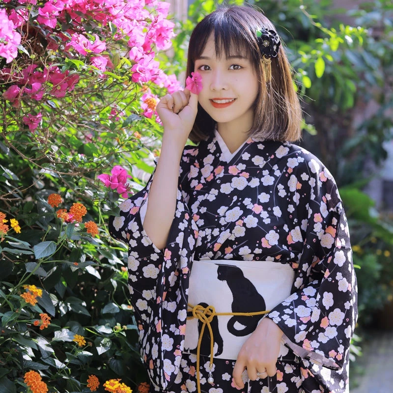 

Sexy Black Japanese Women Evening Dress Silk Rayon Kimono Yukata With Obi Dance Dress Cosplay Costume Flower One Size
