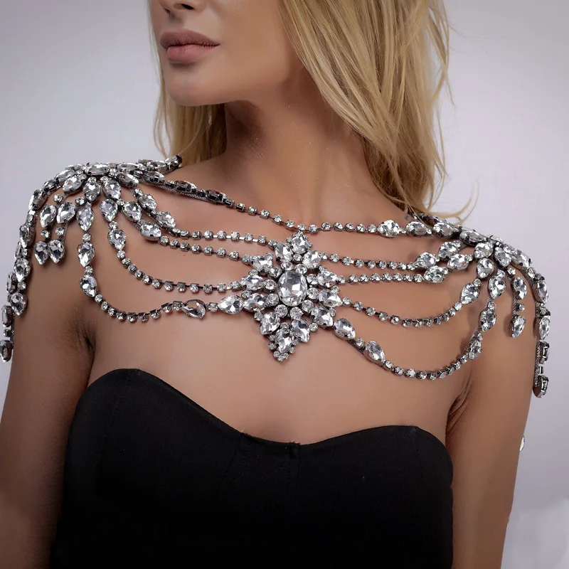

KMVEXO Women Multilayers Crystal Necklaces Body Chain Sexy Rhinestone Shoulder Statement Chains Wedding Dress Party Body Jewelry