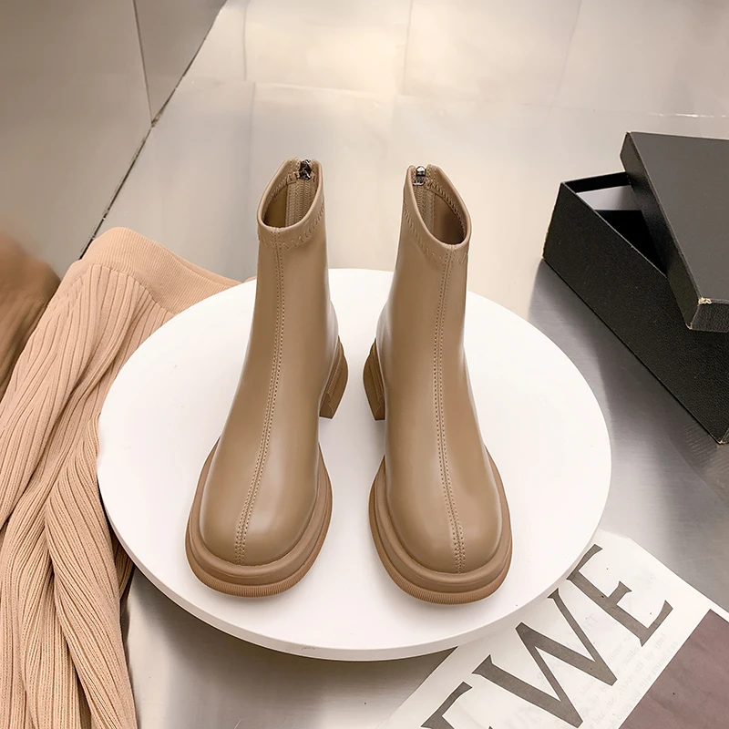 Thick Bottom Short Boots New Hundred With Female BootsHigh heel Thick With Round Head Elastic Thin Thin Boots In The Tube French