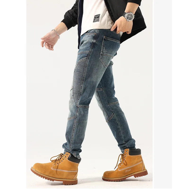 Streetwear Men Fashion Splicing Elastic Force Cargo Pants Self-cultivation Retro Nostalgia Blue Jeans Autumn and Winter Female