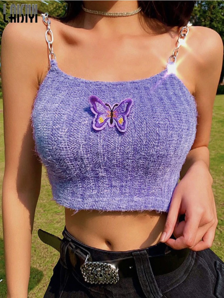 

Women Summer Top Sexy Streetwear Retro Clothes Purple Fashion Butterfly Embroidered Tanks and Camis Sleeveless Knitted Crop Top