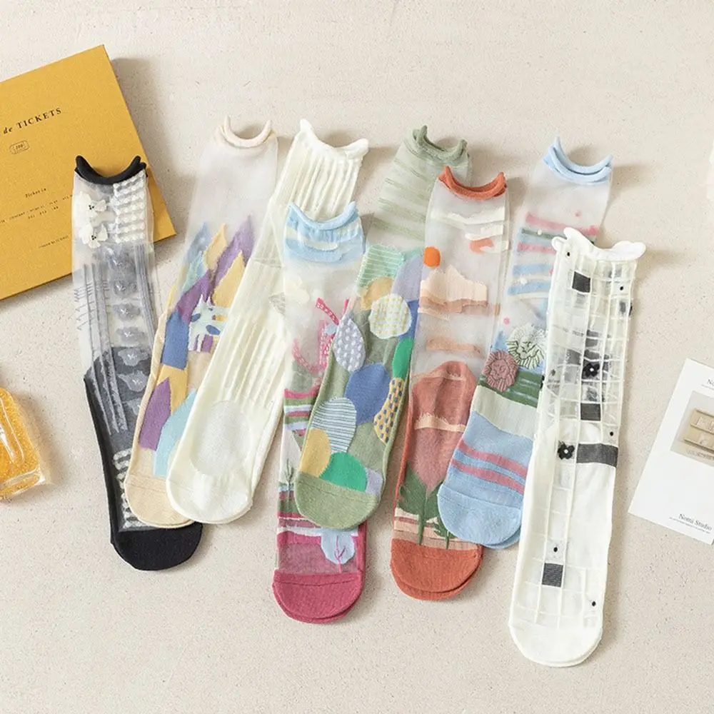 

Harajuku Retro Asymmetry For Women Mesh Cute Summer Female Hosiery Glass Silk Socks Middle Tube Socks Floral Socks