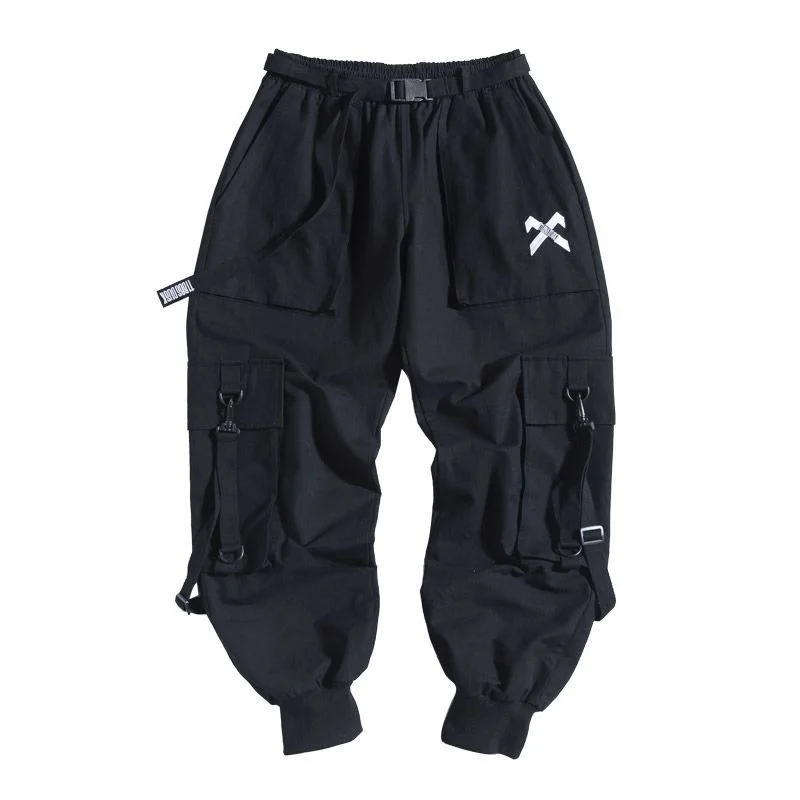 Techwear Ribbons Hip Hop Tactical Cargo Pants Men's Casual Letter Embroidery Streetwear Dance Sport Pencil Pants Male Trousers