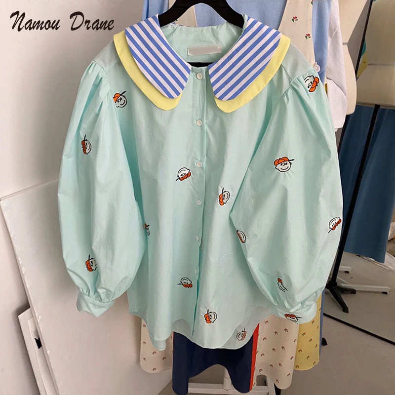 

Namou Drane Korean Cartoon Printed Blouse Tops Sweet Hit Color Stripe Peter Pan Collar Shirt 2021 New Puff Sleeve Blusas