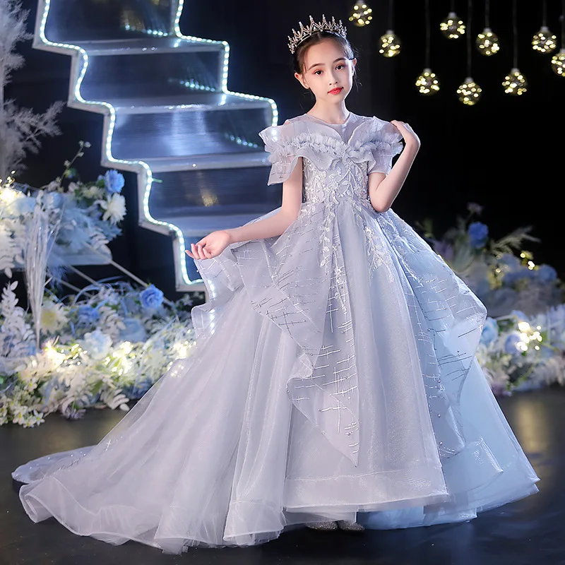 Children Tailing Costume Kids Pompous Gauze Dresses Girls Exquisite Prom Dress Little Girl Formal Clothes for Piano Performance