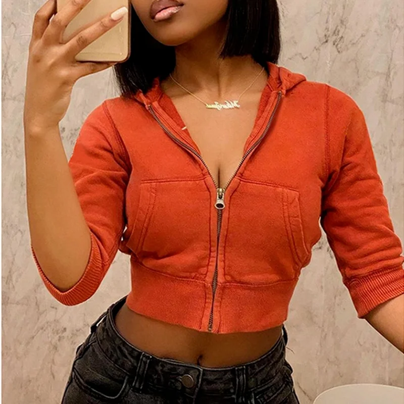 

Sexy Fashion Nine-point Top Long Sleeve Zipper Hoodie Top Ladies Autumn and Winter Clothes Streetwear Pocket Top Ladies Jacket