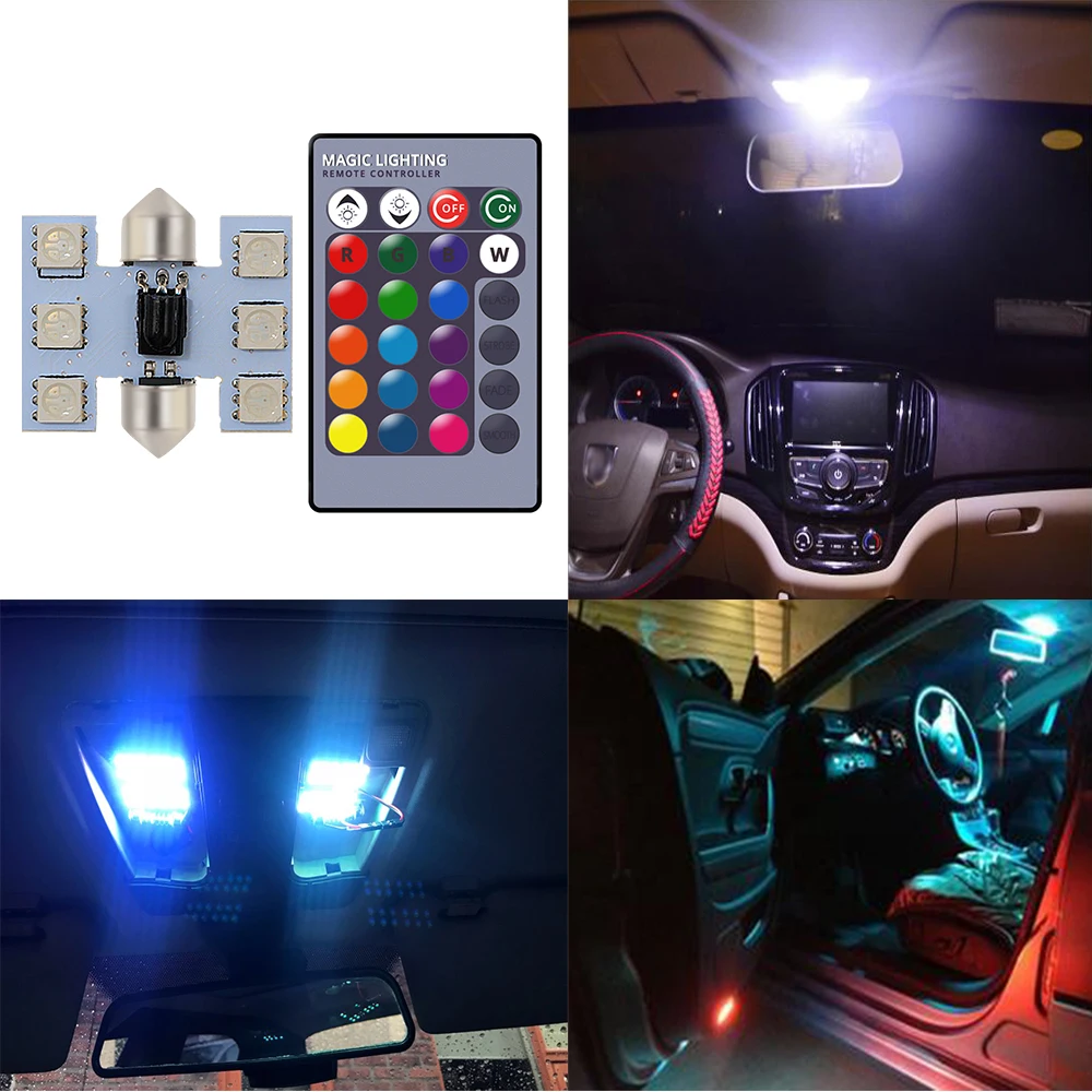 

2pcs New RGB Car Led Light C5W 5050 6SMD 12V 31mm Festoon Dome Door Color Lemote Controller Reading Lamps Roof Trunk Wedge Bulbs