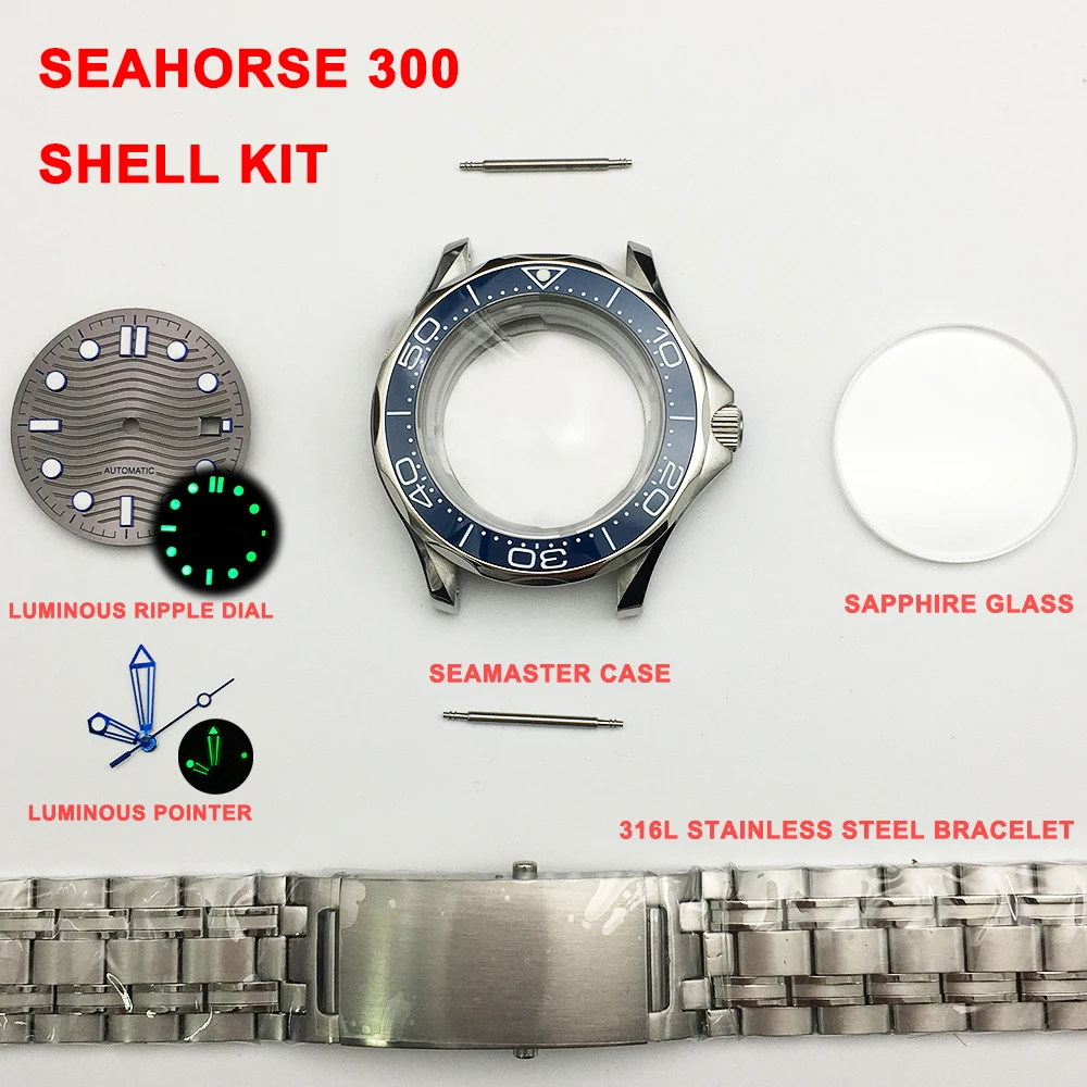

Набор для модернизации часов Seamaster 300 41 мм, набор для чехла, твердый сапфировое стекло из нержавеющей стали 316L, светящийся циферблат, стрелки для 2813 3804 8215