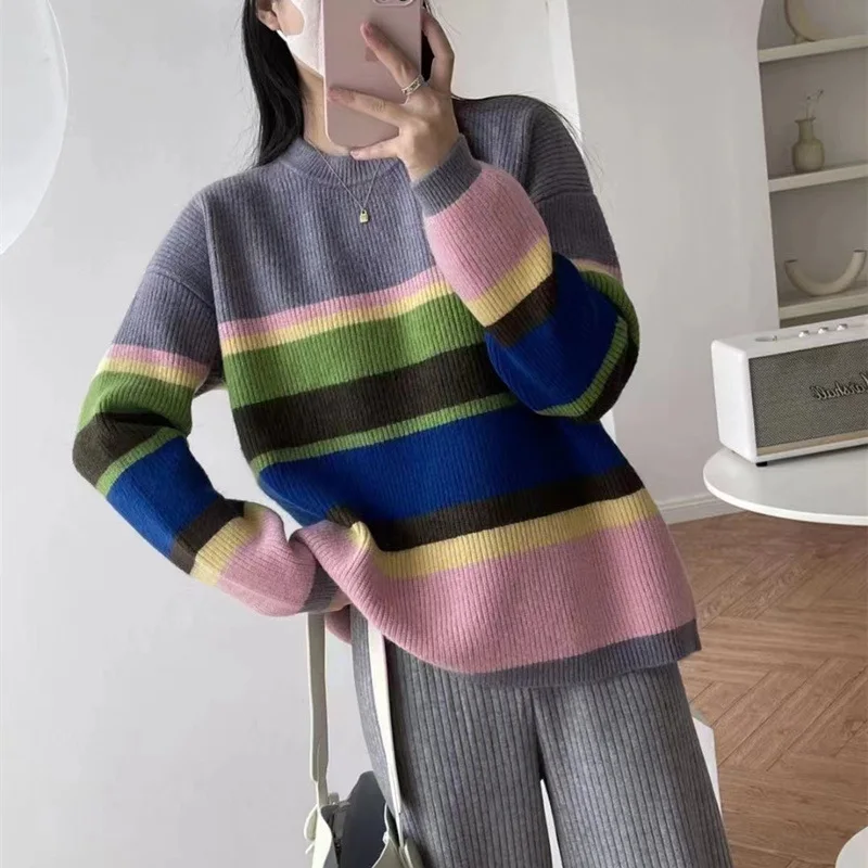 

Autumn new lazy sweet knit top rainbow striped pullover sweater woman