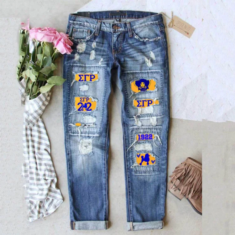 Direct Deat Cross-Border European and American Greek Sorority Middle Waist Printed Sticker Hole Washed Jeans for Women 2023 new