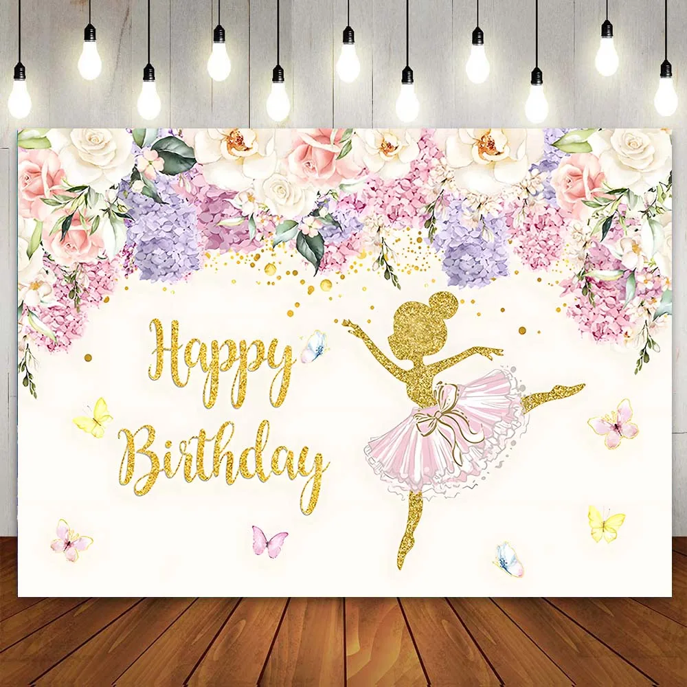 

Ballerina Birthday Backdrop Tutu Ballet Princess Birthday Party Decoration Floral Photography Background Dessert Table Banner