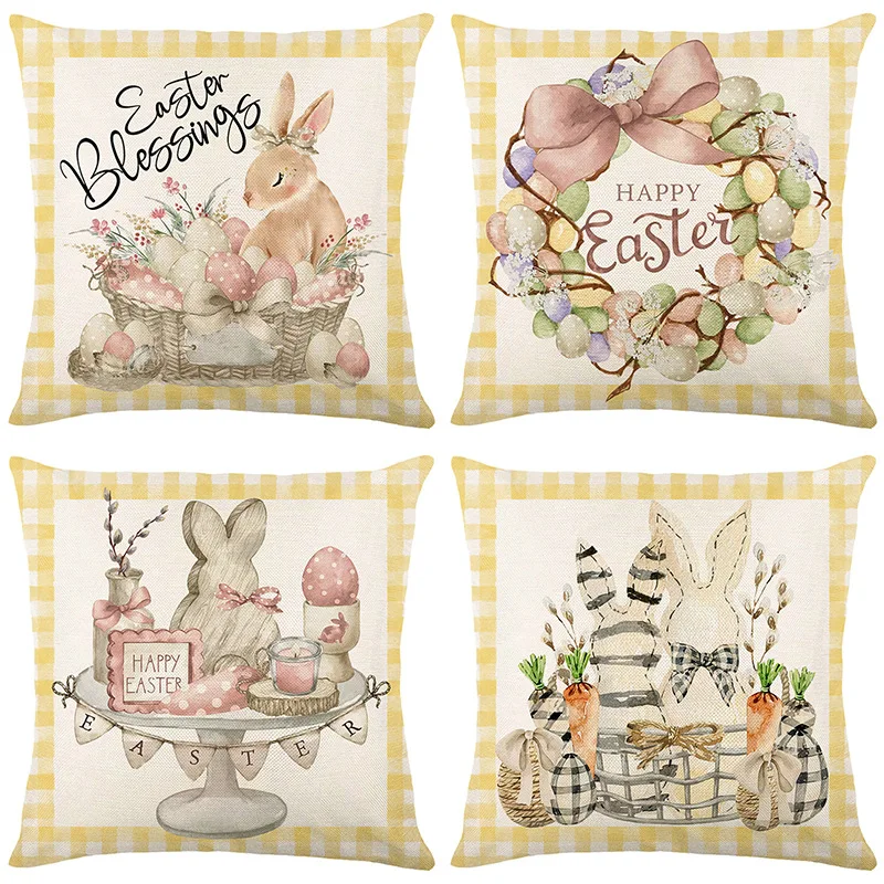 

2023 New Easter Collection Bunny Egg Hold Pillowcase Cushion Cartoon Carrot Linen Print Family Sofa Living Room Cushion Cover