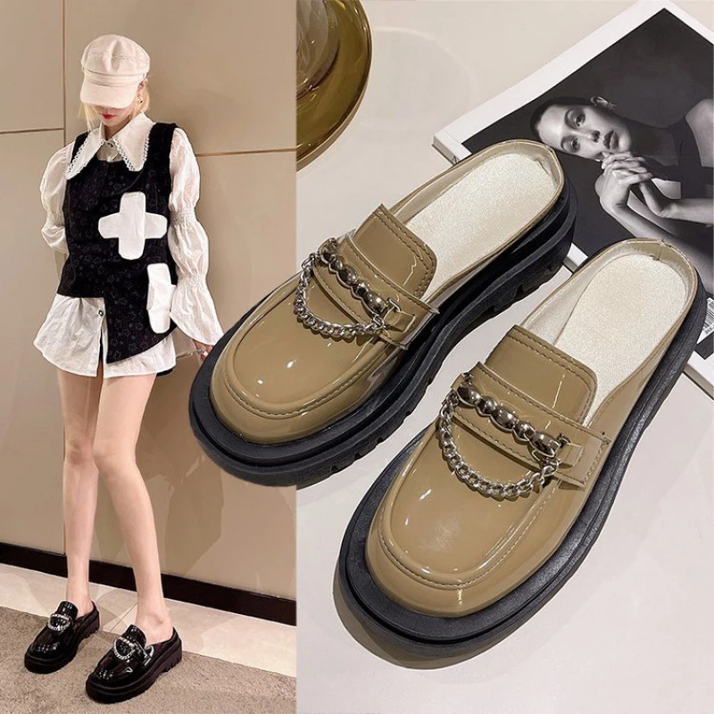 

Plus Size Single Shoes Women Platform Chain Half Drag Mary Jane Loafers 2022 New Casual Mules Fashion All-match Flat Shoes Women