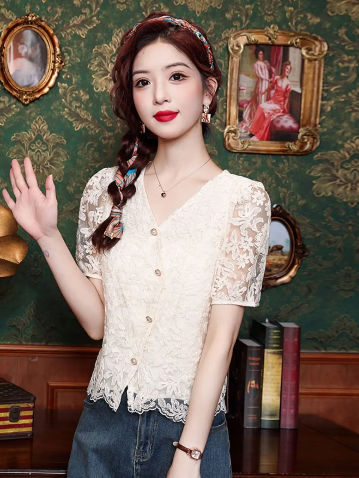 Женская кружевная рубашка Fairy Beau ~ Chic Palace Sle с коротким рукавом Новинка лета 2024