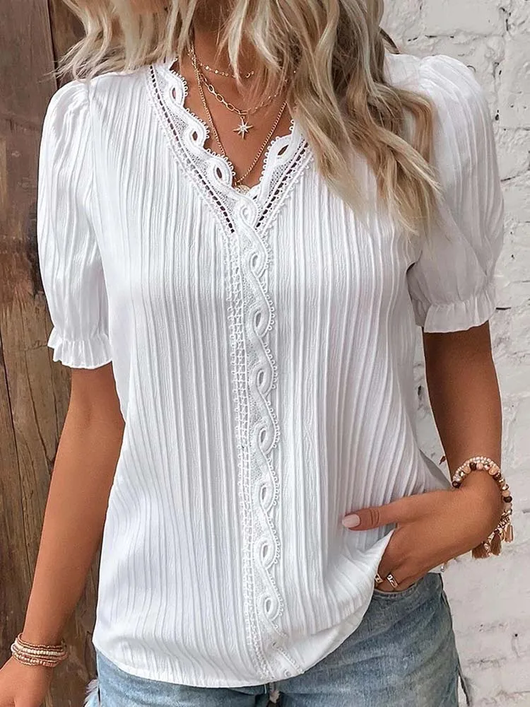 

Summer V Neck Lace Patchwork Short Sleeve Loose Blouse Women Short Sleeve Lantern Sleeve Patchwork Shirt Tops