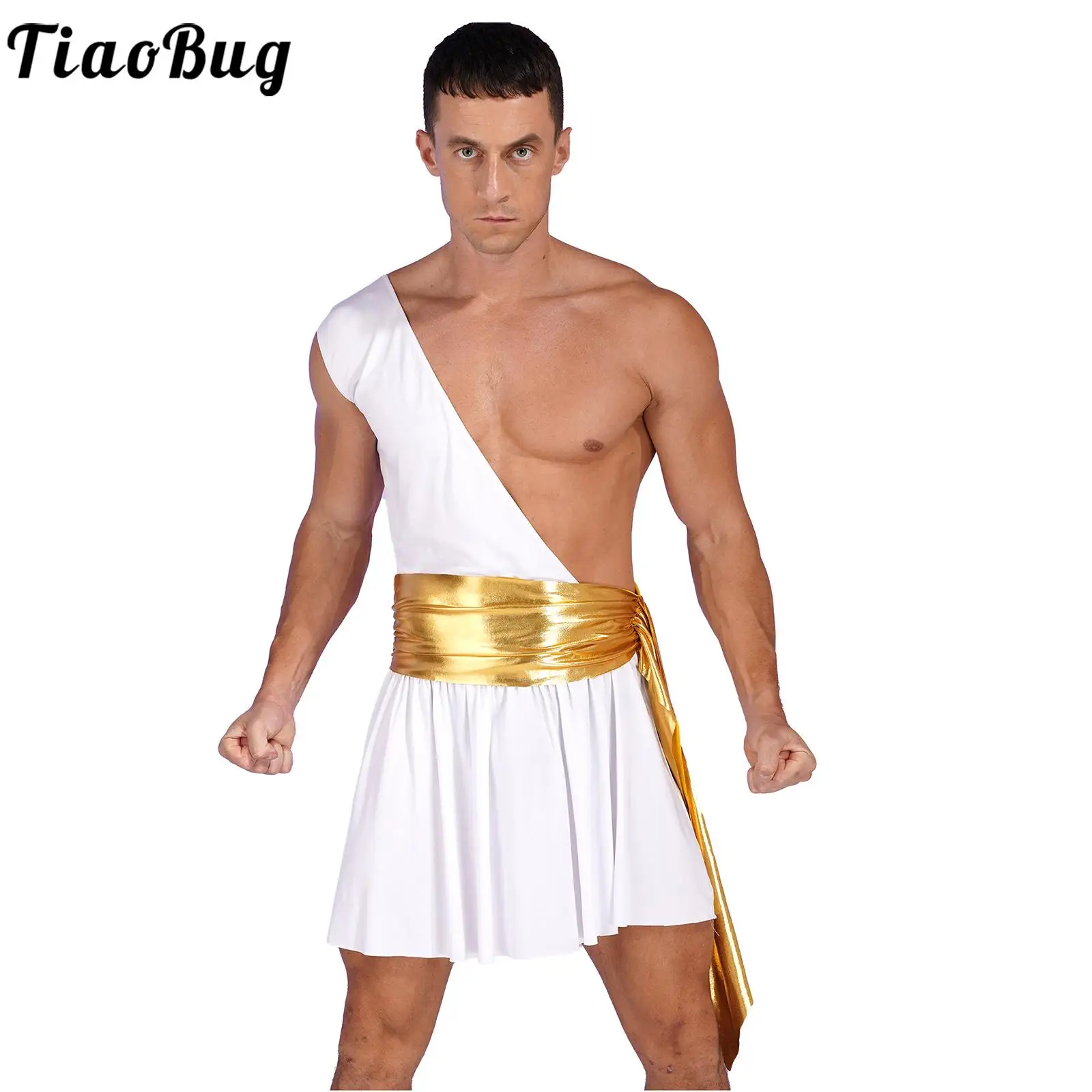 

Men Ancient Greek God Toga Role Play Fancy Dress Up One-Shoulder Strap Ruffle Skirt Grecian Cosplay Costume for Halloween Party