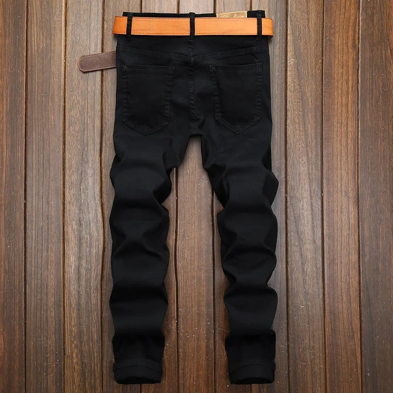 Cross-Border Supply Foreign Trade Black Zipper Decorations Casual Pants Men's Elastic Patch Slim Straight European and American