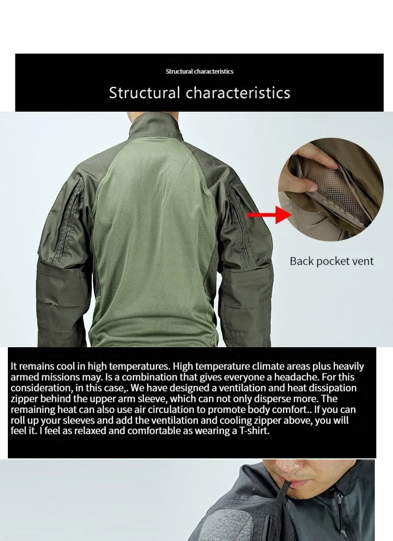 Men's Outdoor Tactical Training Suit Camo light Combat Suit Men's Hunting Multi Pocket Pullover Hiking Camping Coat