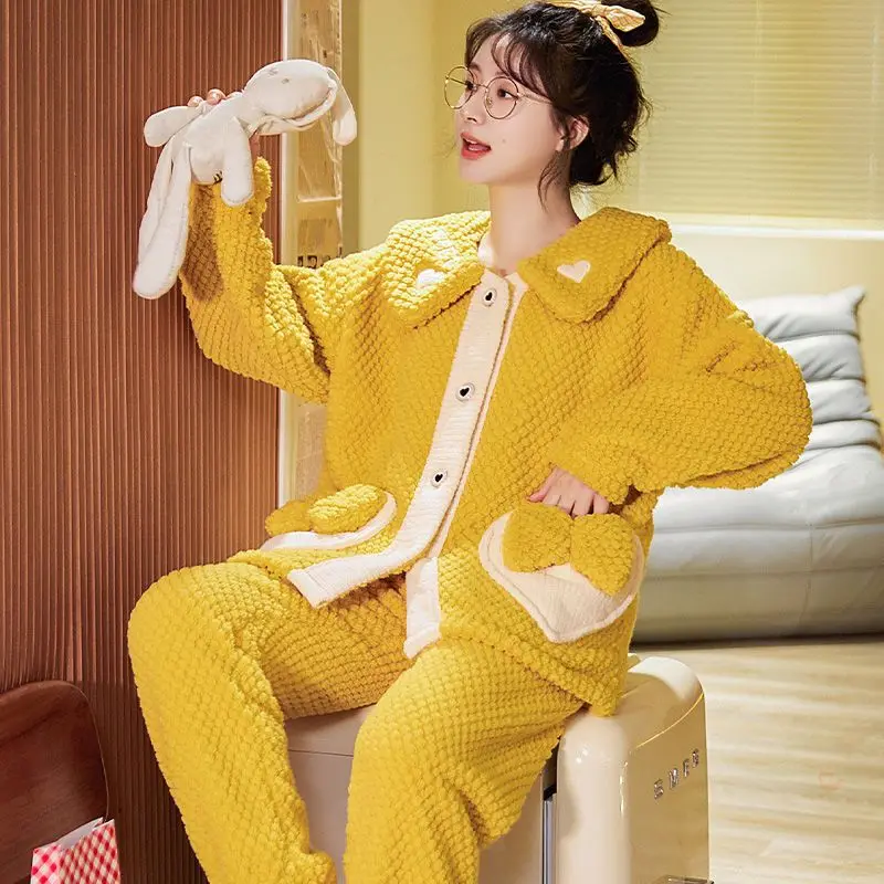 Women's Winter Coral Velvet Pajama Two-piece Korean Fashion Loose Warm Pijama Homewear Suit Female Cute Sleepwear Nightie Suit