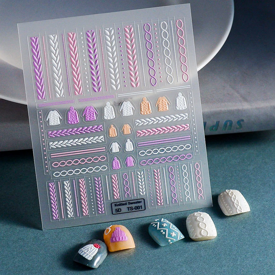 

Шерстяная шляпа свитер узор нитки 5D рельефный самоклеящийся дизайн ногтей наклейки цветные белый бант сердце Маникюр переводка