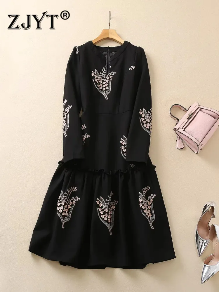 

ZJYT Runway Designer Autumn Winter Embroidery Dress Long Sleeve Woman Clothes Elegant Vintage Knee Length Black Vestidos Casual