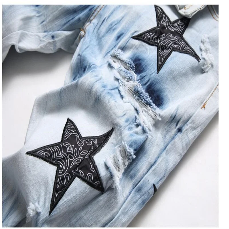 European goods jeans mens trousers ripped embroidery five-pointed star trend elastic slim-fit pencil pants all-match джинсы