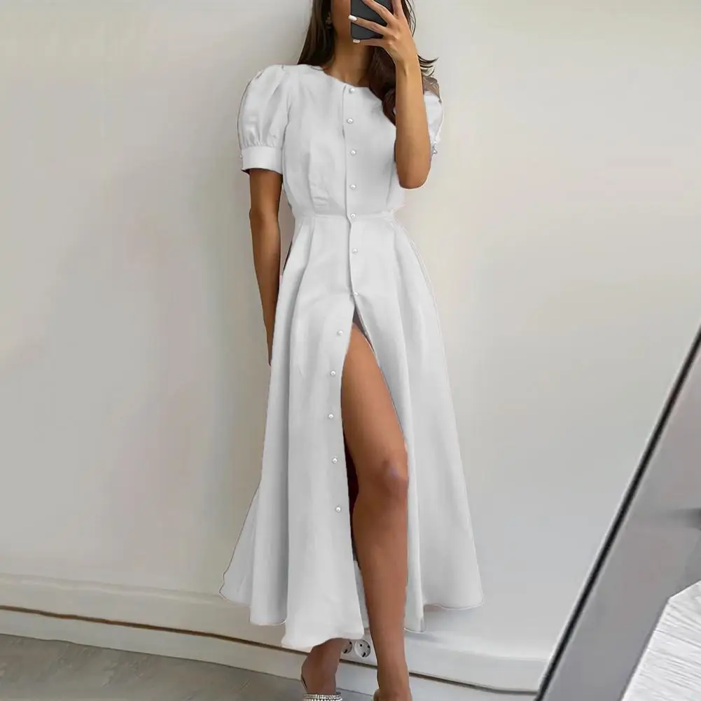 

Elegant Split Women A-line Midi Dress Pearl Single Breasted Short Puff Sleeve Office Female Dresses 2023 Party Large Swing Robe