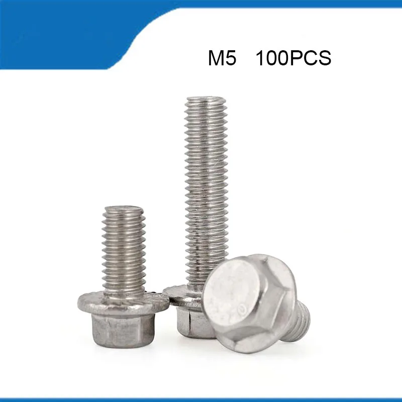

WHUZF M5 Flange Bolt 100pcs/lot M5*8/10/12/16/20/25/30/35/40/45/50 Stainless Steel Hex Flange Bolts Serrated Flanged Bolt