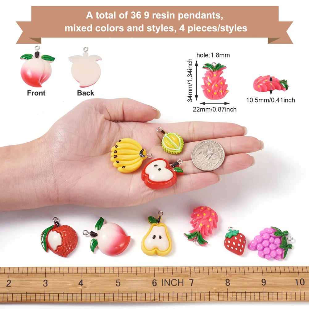 36Pcs Resin Pendants With Loop Imitation Friut Charms For Jewelry Making Colorful Handmade Earring Necklace DIY Accessories