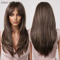 henry margu long straight layered synthetic wigs brown highlights on blonde wigs for black women daily cosplay hair with bangs