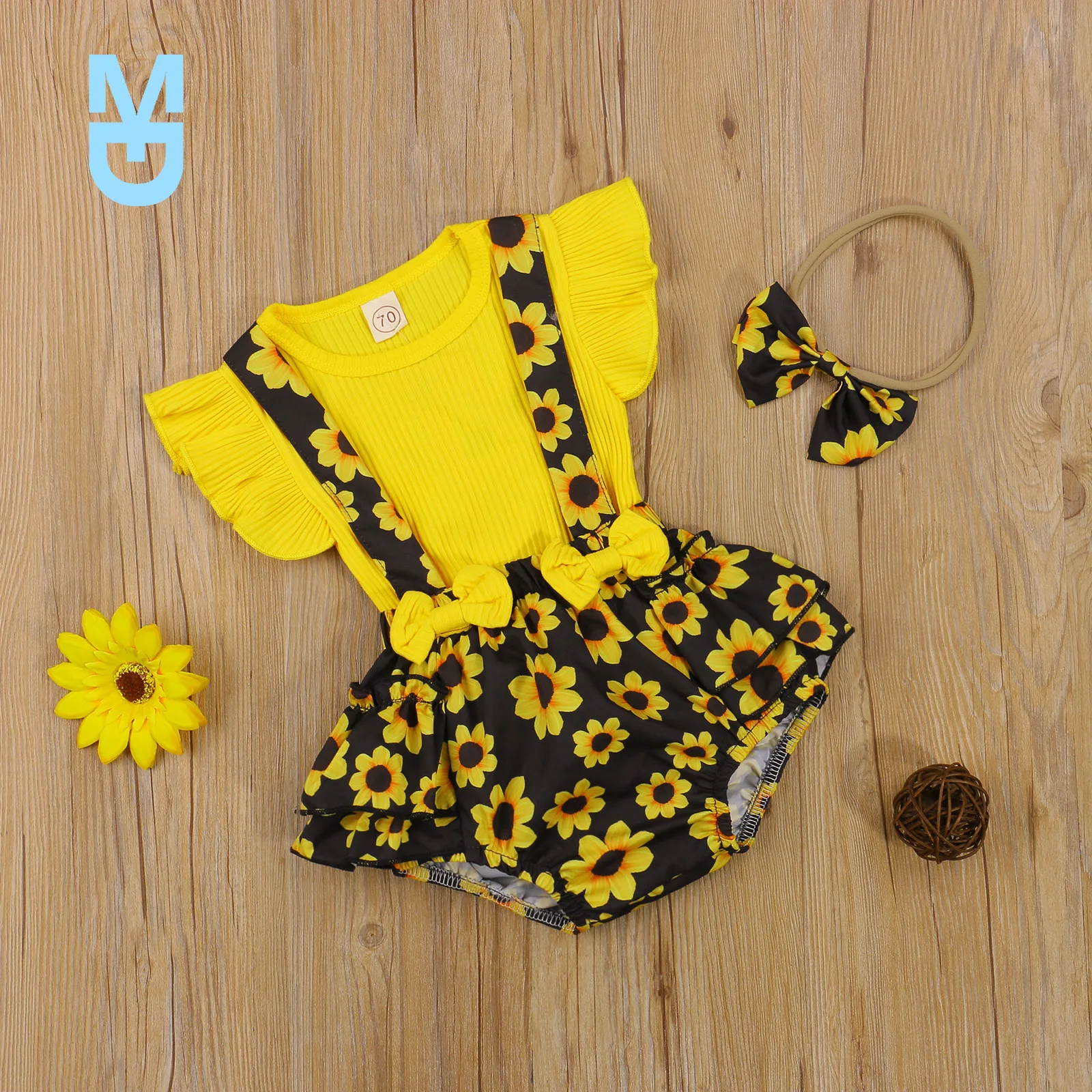 

New 3 Pcs born Summer Outfits, Baby Girl Ribbed Fly Sleeve Round Neck T-shirt + Flower Print Suspender Pants + Bowknot Headband