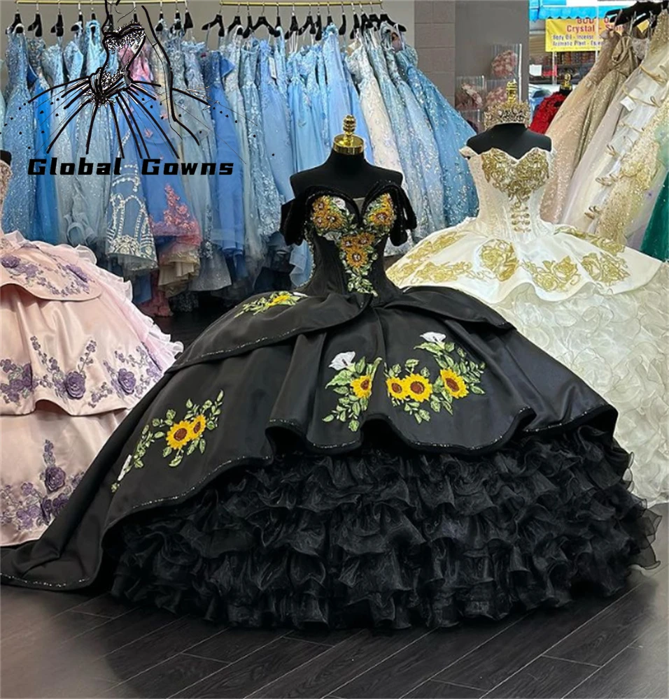 

Mexico Black Off The Shoul Ball Gown Quinceanera Dresses For Girls Ruffles Tiered Birthday Party Gowns Lace Up Back Graduation