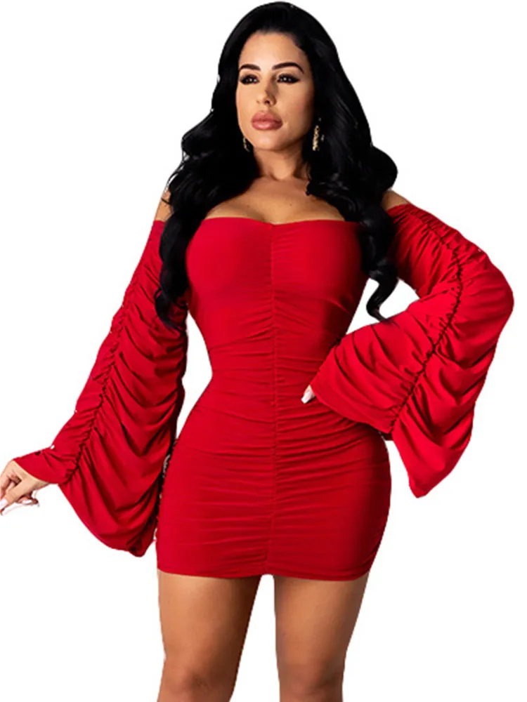 

Off Shoulder Flare Sleeve Party Prom Bodycon Mini Dress Women Slash Neck Night Club Evening Gowns Sexy Clubwear Ruched Dresses