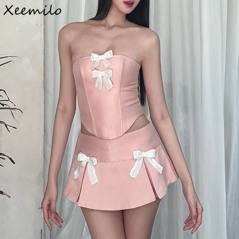 

Xeemilo New 2023 Sexy Sweet Women 2 Piece Set Y2K Bow Stitch Slash-neck Tank Top With High-waist Pleated Skirts Party Clubwear