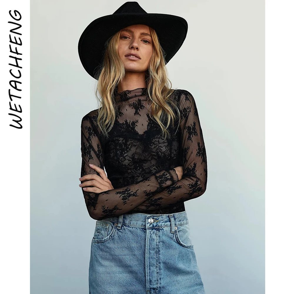 Черные сексуальные модные кружевные футболки топы женские летние с длинным