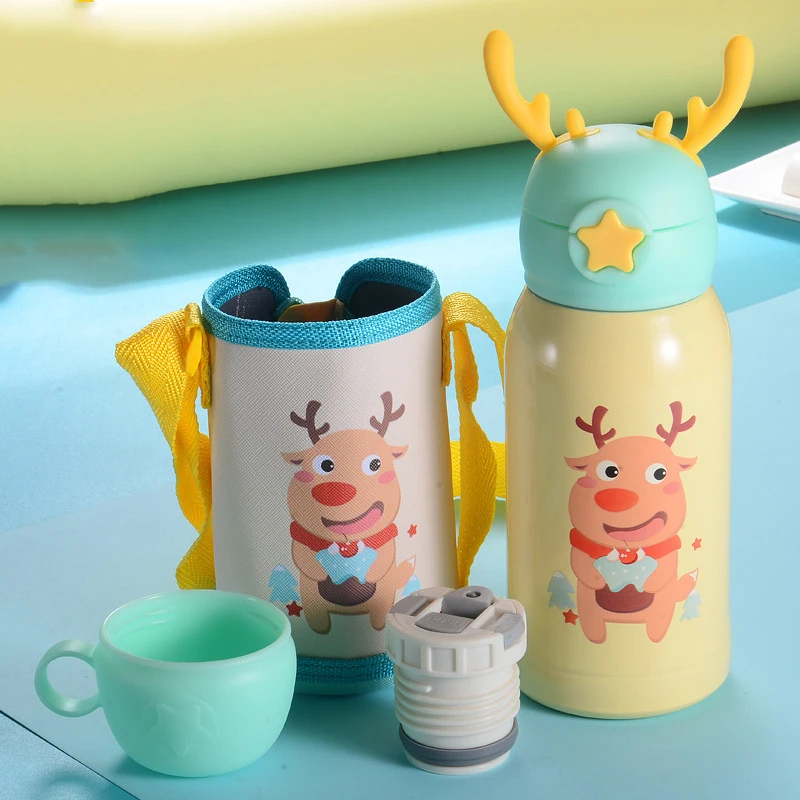 

Thermos Water Bottle Antler Children'S Thermos Cup 316 Stainless Steel With Straw Kindergarten Anti-Drop Cartoon Kettle
