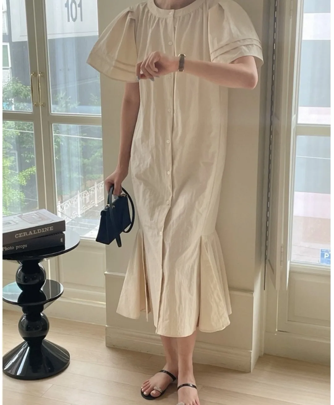 

SuperAen Korean Gentle Fishtail Dress with Super Fairy Fashion Puff Sleeve Loose buttons up Casual Long Dress