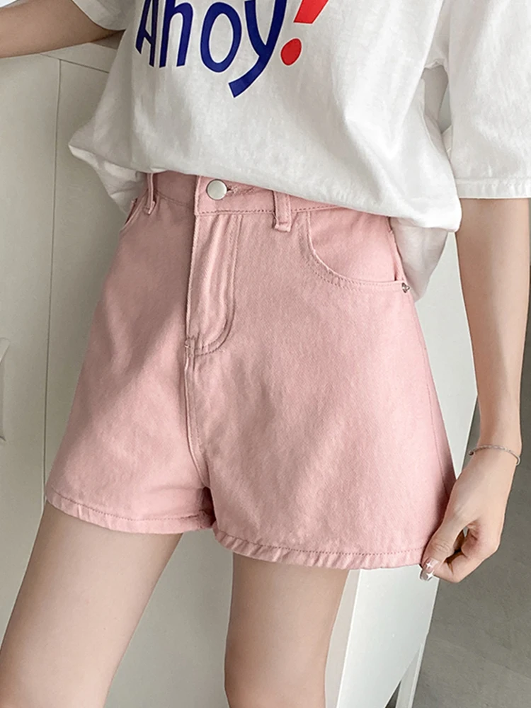 New Spring Summer Women High Waist Wide Leg Pink Denim Shorts Casual Female Button Loose Jeans Shorts Ladies Bottoms