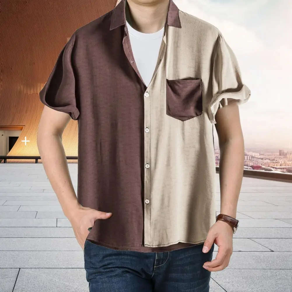 

Classic Color Block Simple Male Top Summer Shirt Cozy Buttons Closure