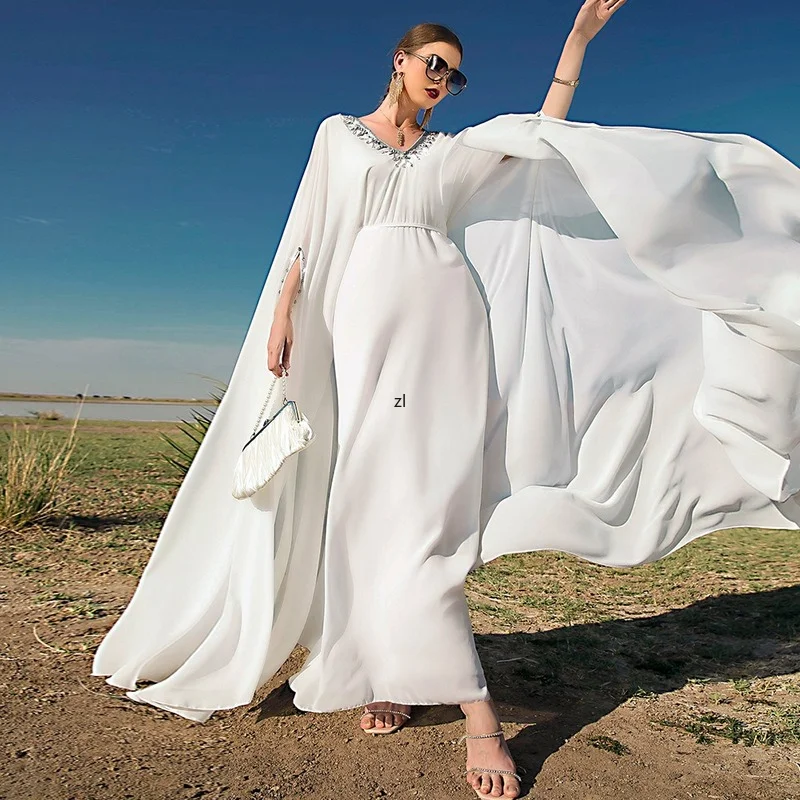 White Dubai Abayas for Women Ramadan Eid Muslim Evening Party Long Dress Plus Size Moroccan Luxury Caftan Robe Boubou Djellaba