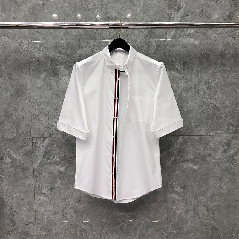 

Fashion Brand TB Shirts Men Slim White Short Sleeve Casual Shirt Oxford Middle Striped Cotton Summer High Quality Men's Clothing