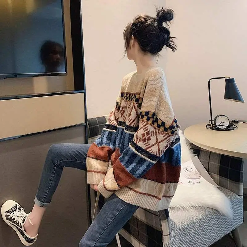 

Geometric Fashion Women Sweaters 2023 Autumn Winter Pullover Korean Knitwears Long Sleeve Vintage Knit Top O-neck Ladies Sweater