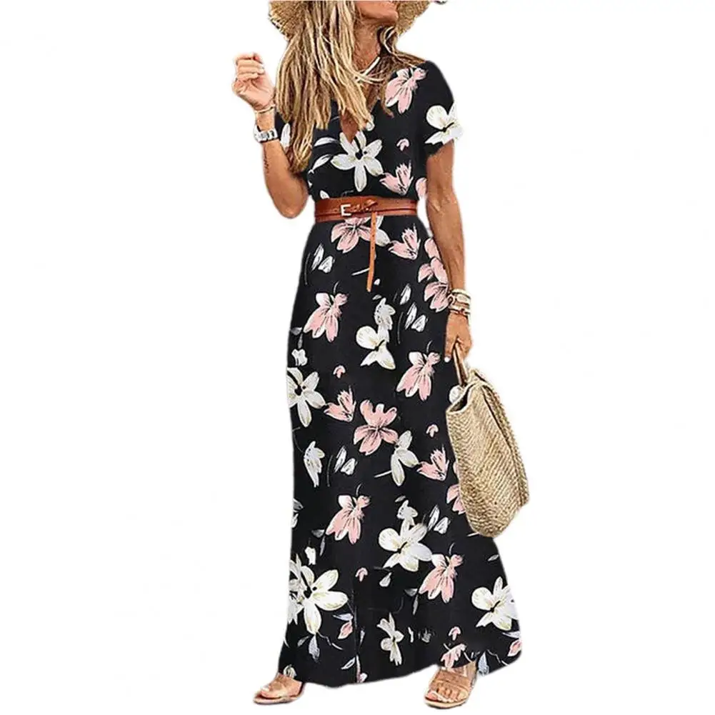 

Женское богемное платье с поясом и цветочным принтом, весеннее ТРАПЕЦИЕВИДНОЕ Макси-платье для женщин, пляжная одежда 2022, элегантные платья...