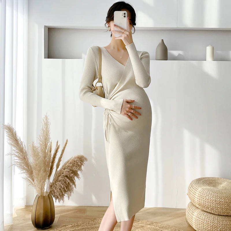 

M15# Sexy Hot Chic Ins Knitted Maternity Dress Elegant A Line Bodycon Across V Neck Slim Clothes for Pregnant Women Pregnancy