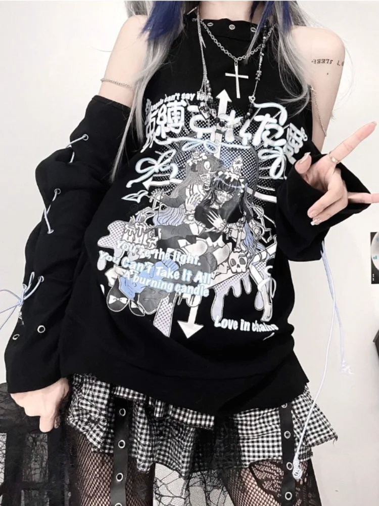 

Hikigawa 2023 летние свободные футболки с открытыми плечами, повседневные бандажные шикарные модные топы Y2k, женские топы с длинным рукавом, женская одежда