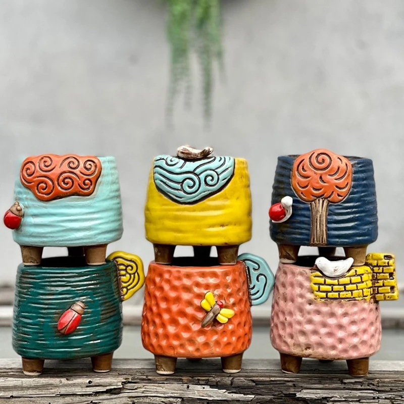 

Cartoon Green Korean Vintage Embossed Animal Succulent Ceramic Flower Pot Plant Basin Art Ornament Home Creative Gardening